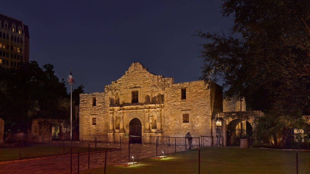 Fine art print of The Alamo (Mission San Antonio de Valero) at night, part of the KGS Studios UNESCO World Heritage Art Collection.