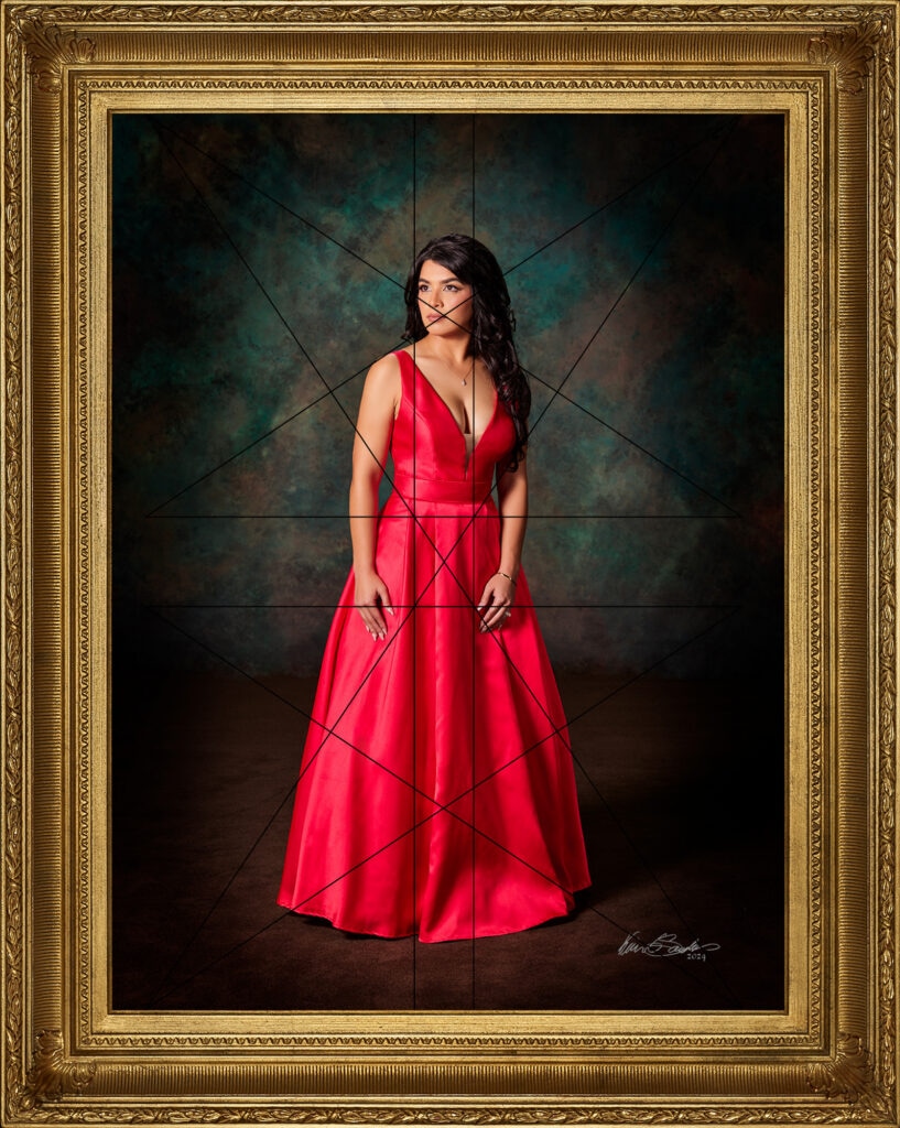 A full-length fine art portrait by Kevin G. Saunders with a Dynamic Symmetry grid overlay, demonstrating the classical artistic composition that creates movement and harmony.