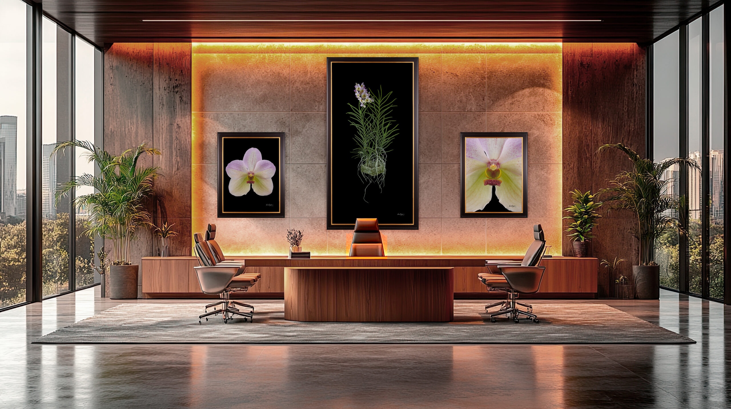 A large-scale orchid trio art installation on a in a modern corporate conference room above a long table.