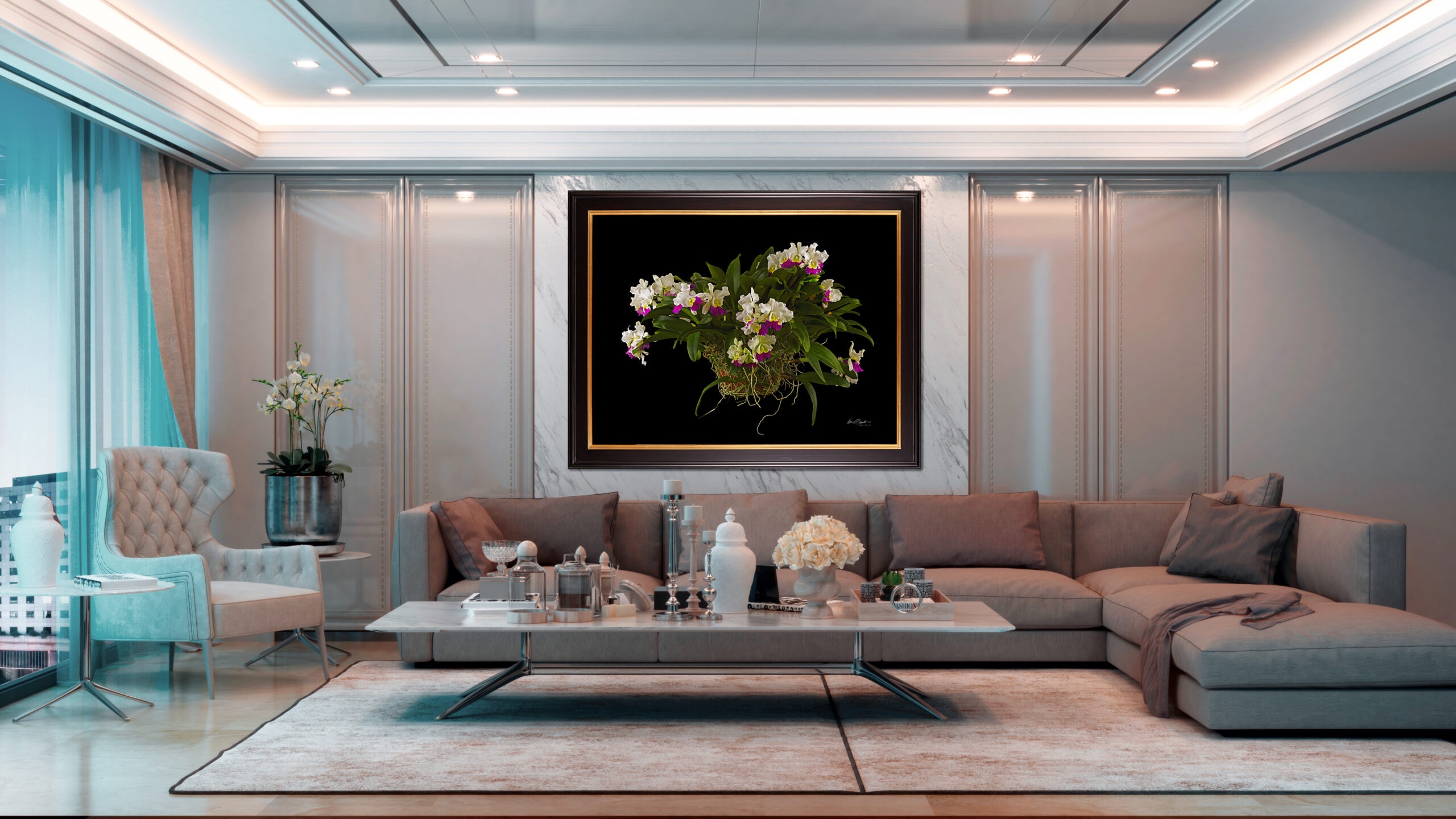 Grand Scale Fine Art Orchid Plant, Hawaiian Wizard, hanging in elegant condo living room.