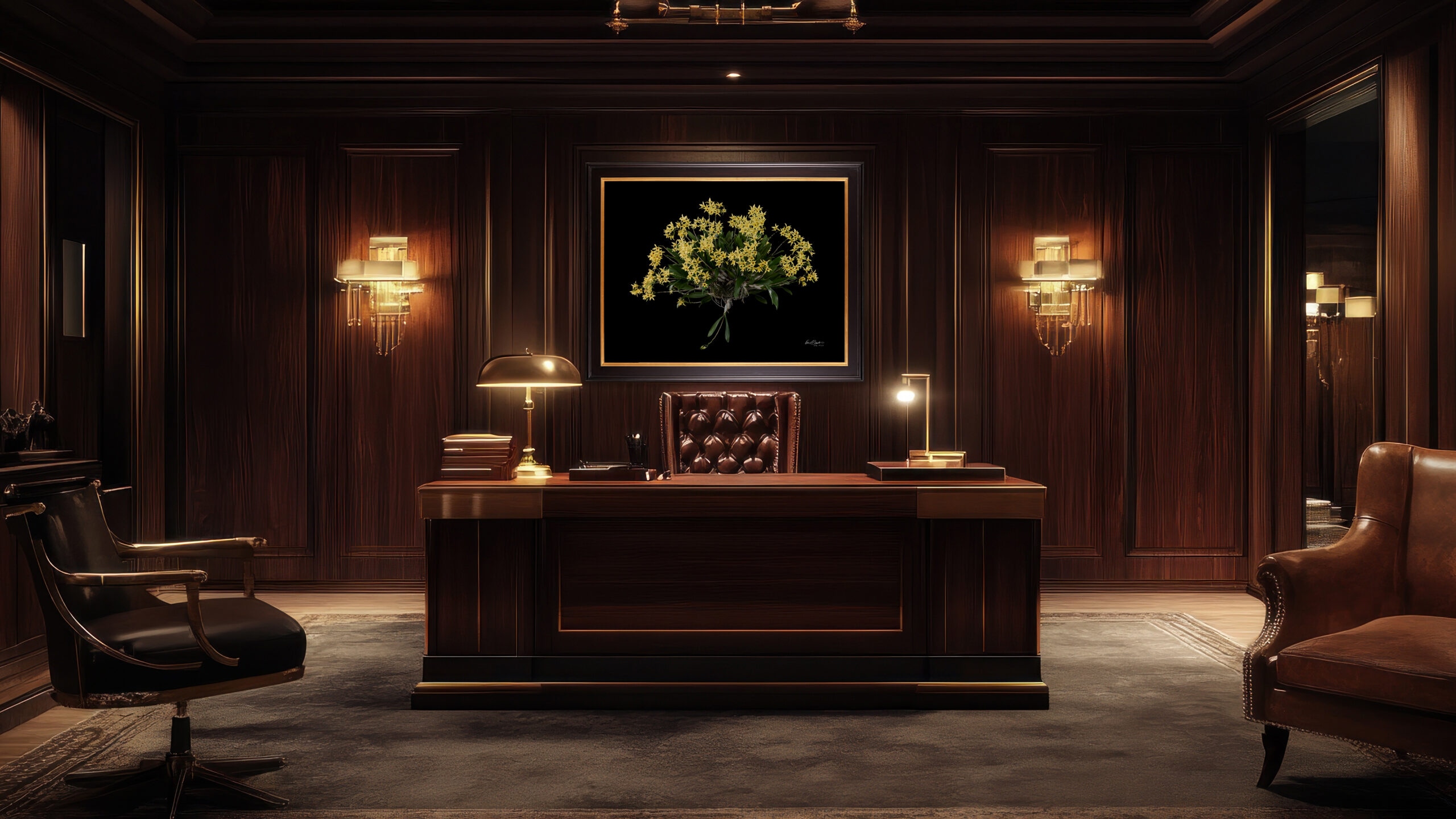 A framed yellow Dendrobium orchid print hung in a traditional executive office with mahogany wood-paneled walls.