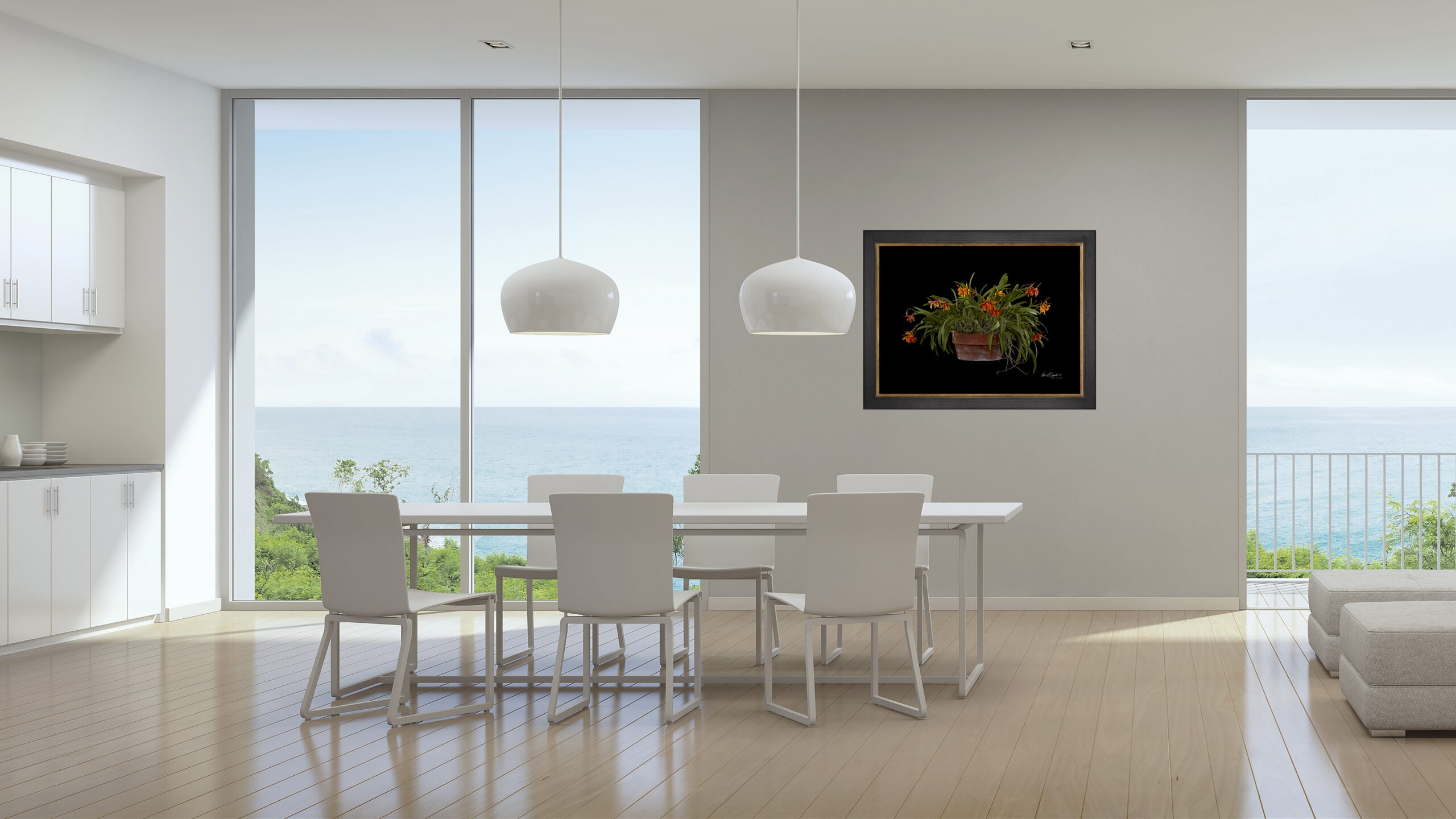 A KGS Studios Fine Art Orchid print of Potinara Hoku Gem 'Freckles' hangs in an airy beach home.