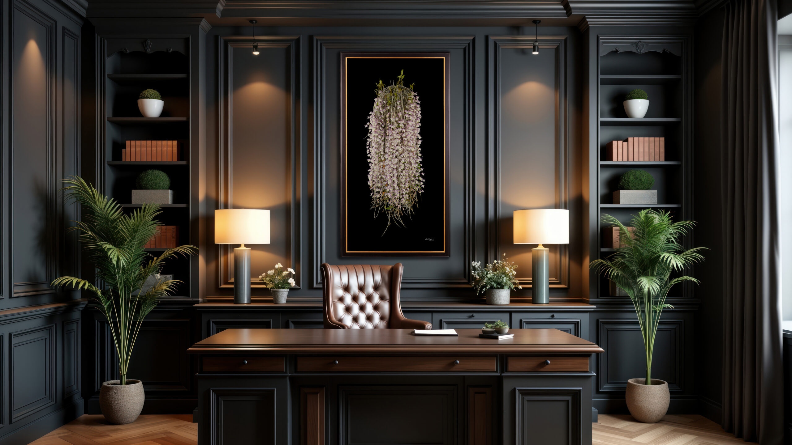 A large framed Dendrobium Aphyllum orchid print hung in a traditional home office with a dark blue wall.