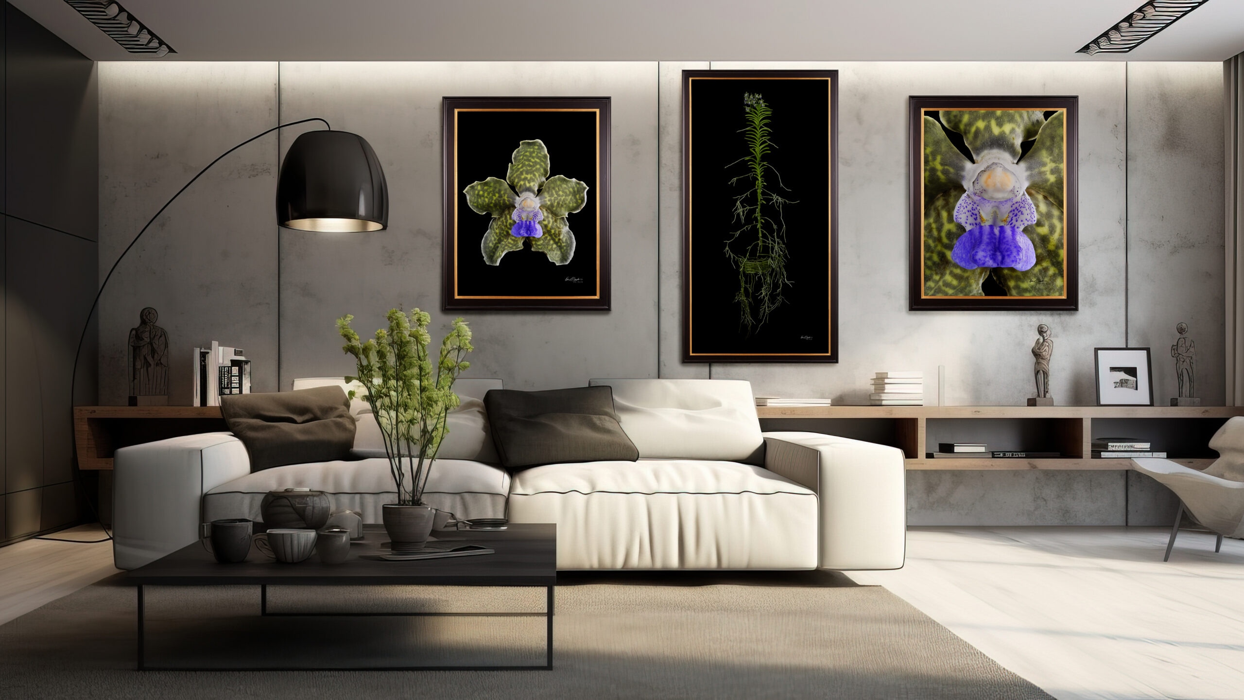 A full trio installation of Vanda Tesselada orchid prints hung above a contemporary cream sofa and credenza.