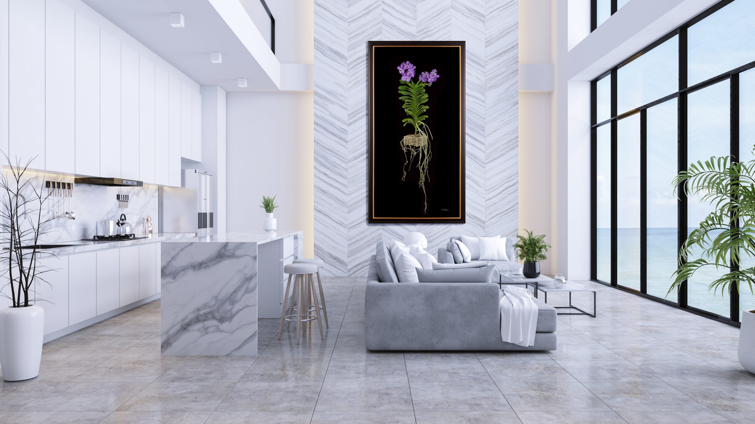 A large, vertical KGS Studios hyperrealistic orchid portrait, displayed as a centerpiece in a modern luxury home with marble features.