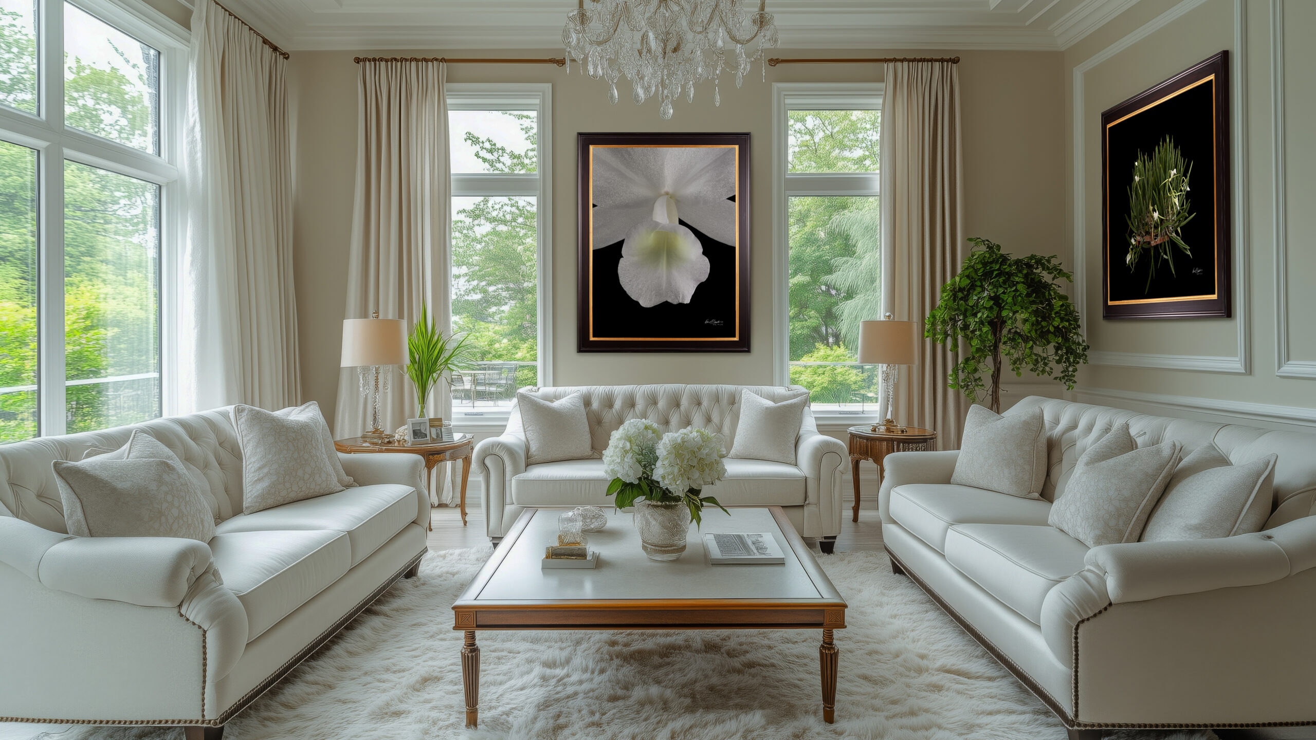 A set of framed white orchid prints hanging in a bright, airy sunroom, creating a biophilic design.