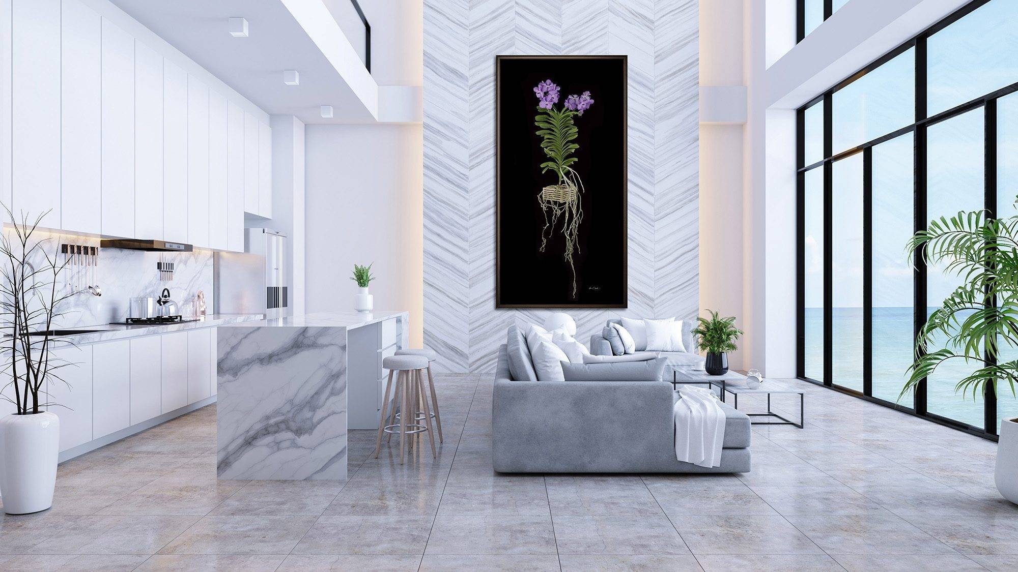 A large, vertical KGS Studios hyperrealistic orchid portrait, displayed as a centerpiece in a modern luxury home with marble features.