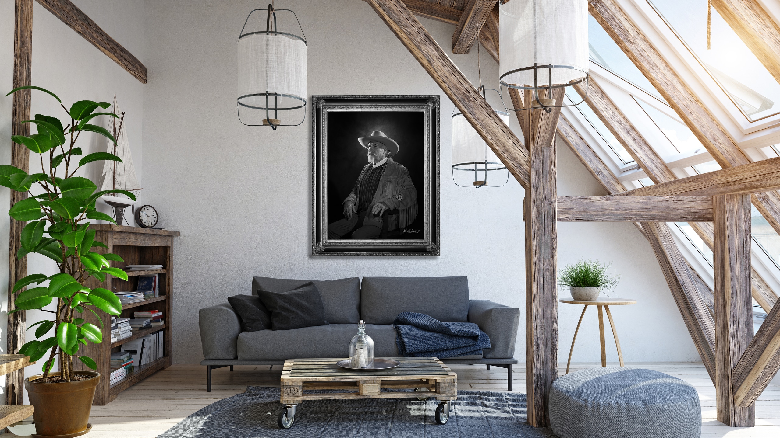 Monochrome KGS Studios portrait of a Texas man in a cowboy hat, hung as fine art in a rustic, sunlit loft with wood beams.