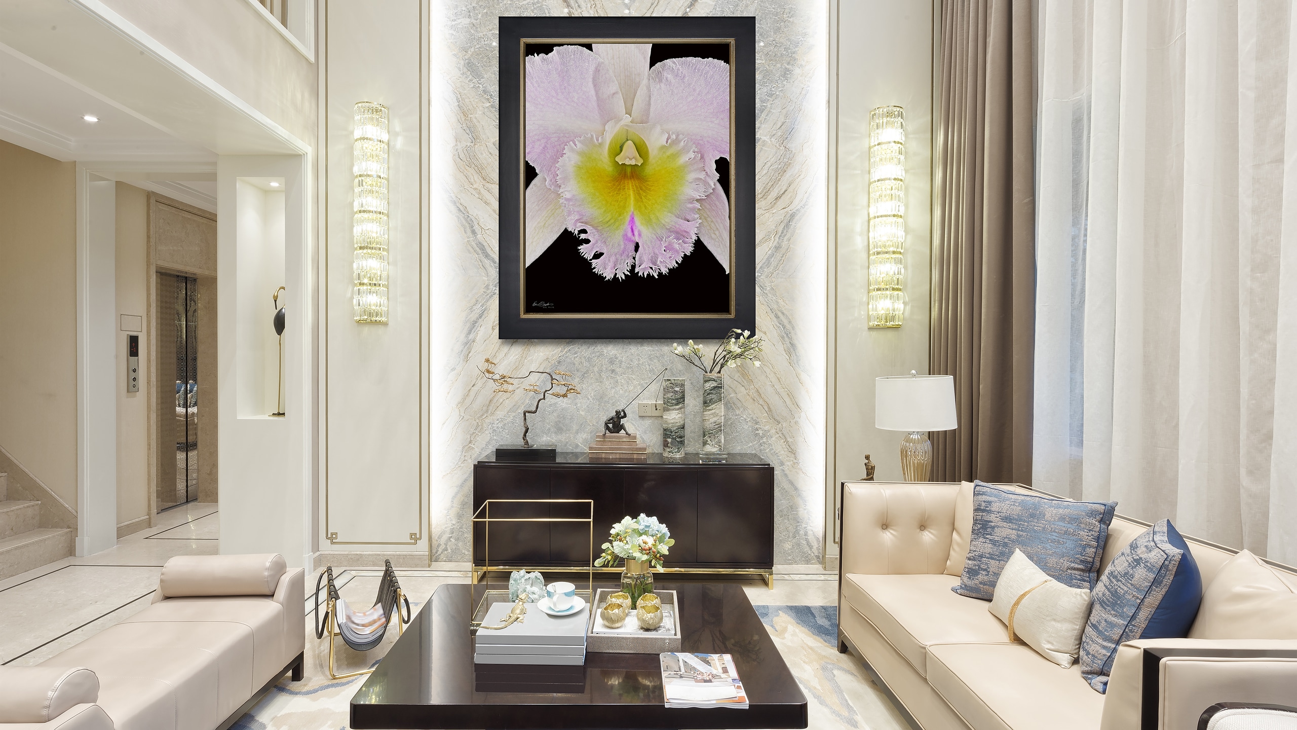 A large, museum-quality KGS Studios hyperrealistic orchid portrait displayed as a centerpiece in a luxury lobby.