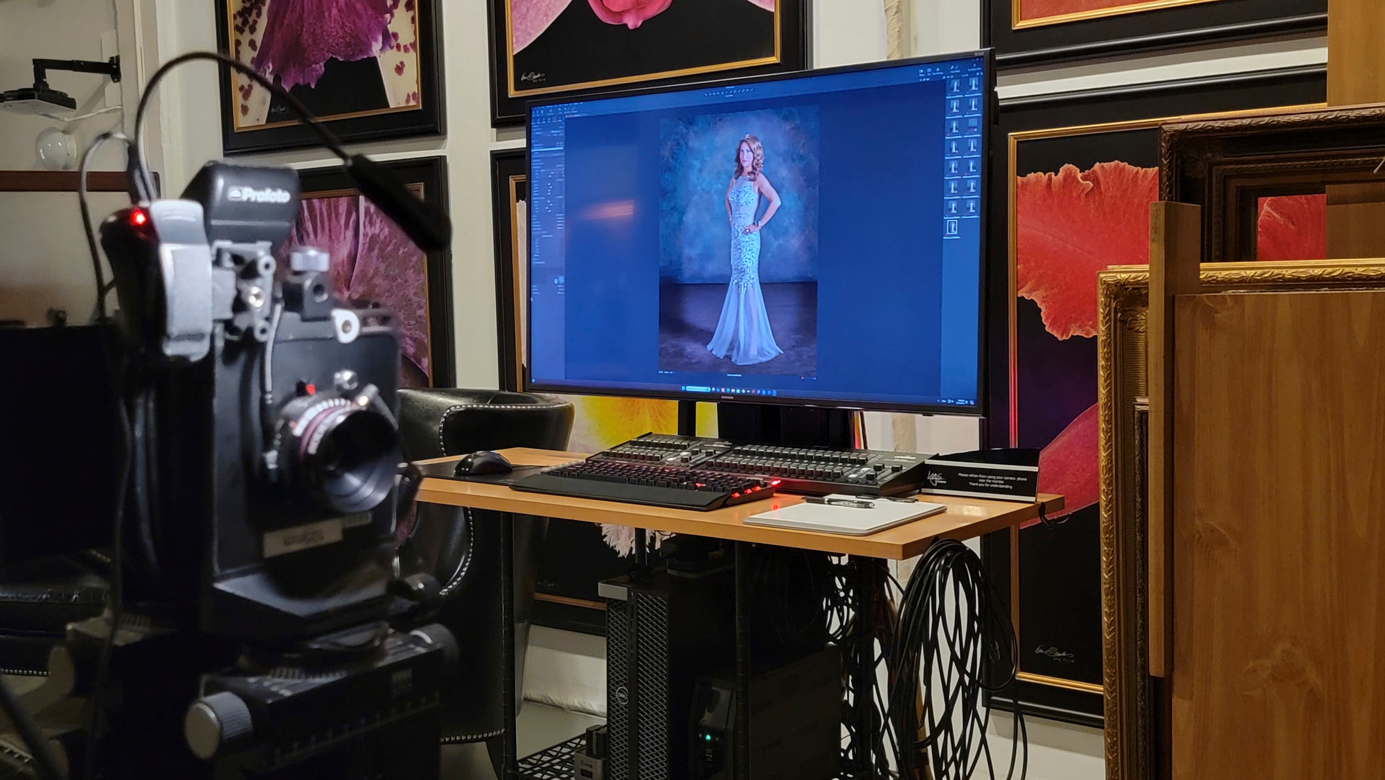 The KGS Studios workstation showing the view camera tethered to a large monitor displaying the portrait of Sarah Calhoon (Madame Tex).