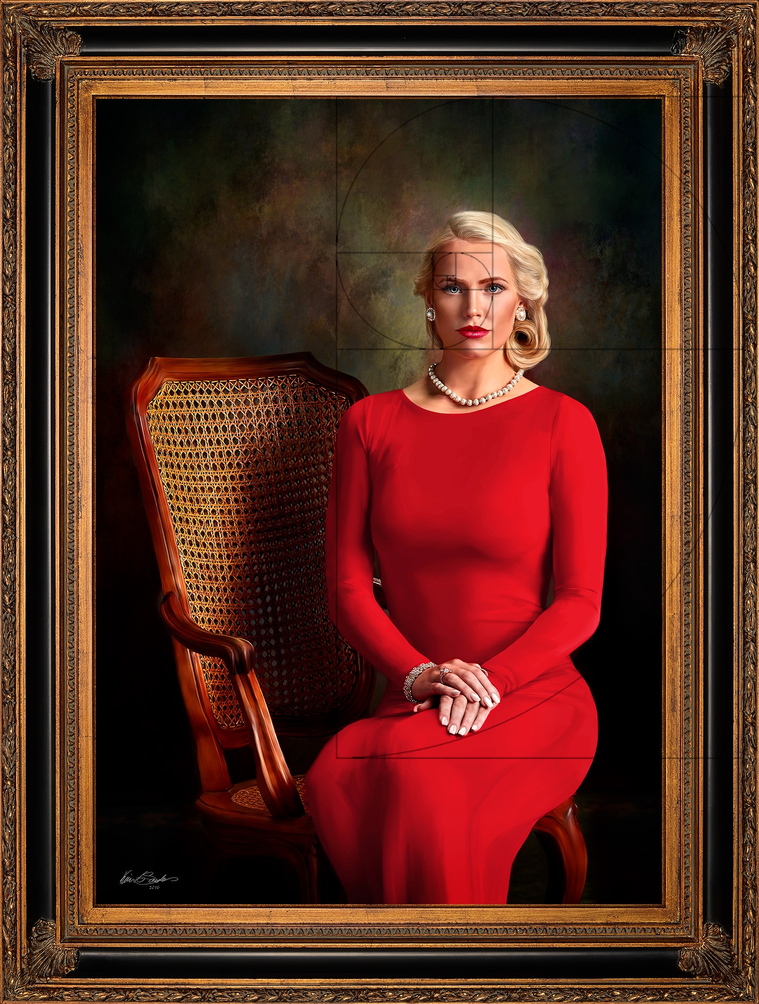 A fine art portrait of a woman in a red dress by Kevin G. Saunders with a Golden Ratio spiral overlay demonstrating the classical artistic composition of the piece.