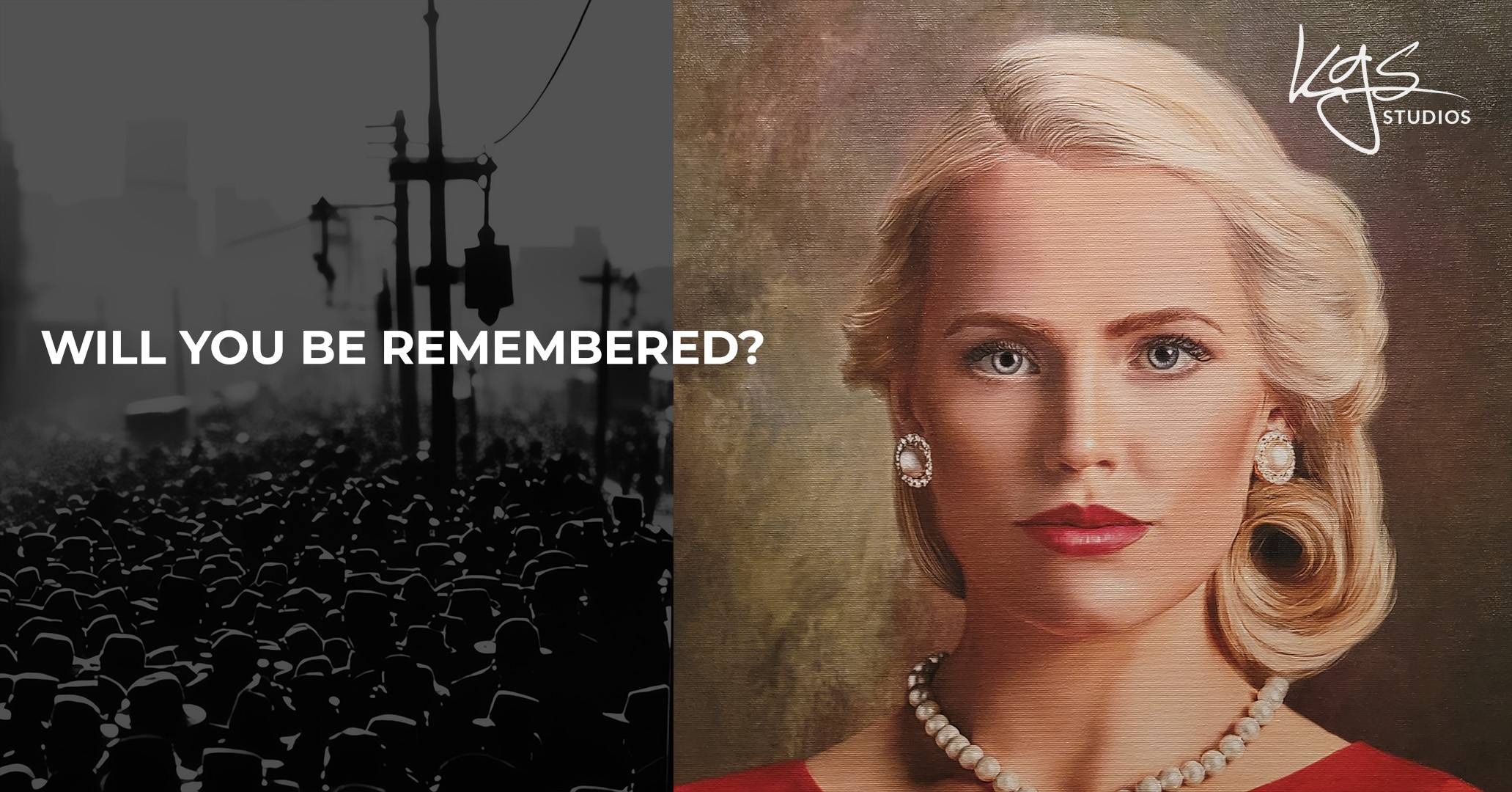 A KGS Studios image contrasting an anonymous, black and white crowd with a timeless legacy portrait of a woman, posing the question, 