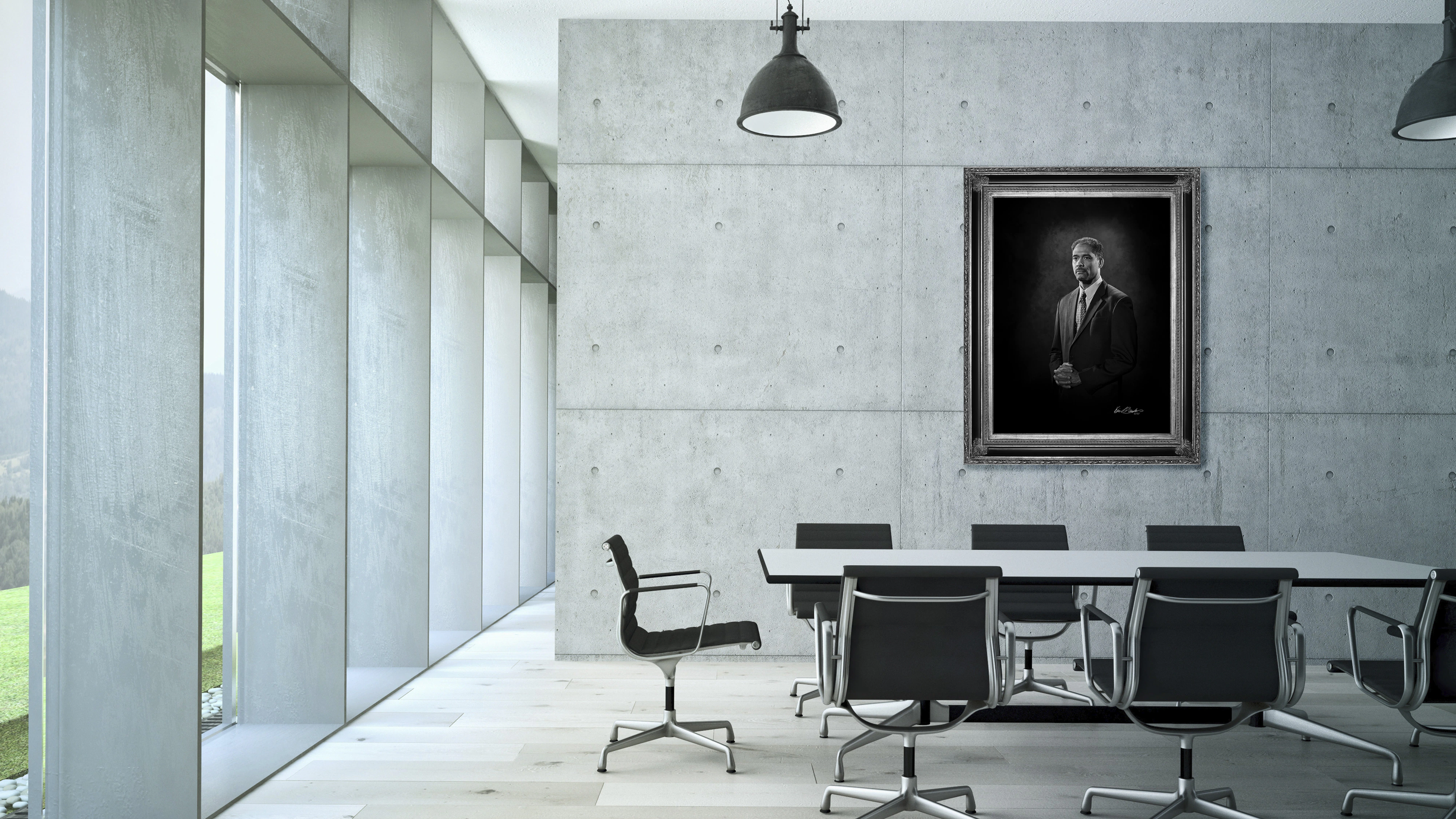 KGS Studios monochrome portrait of a dynamic corporate leader, displayed as fine art in a modern, minimalist concrete conference room.