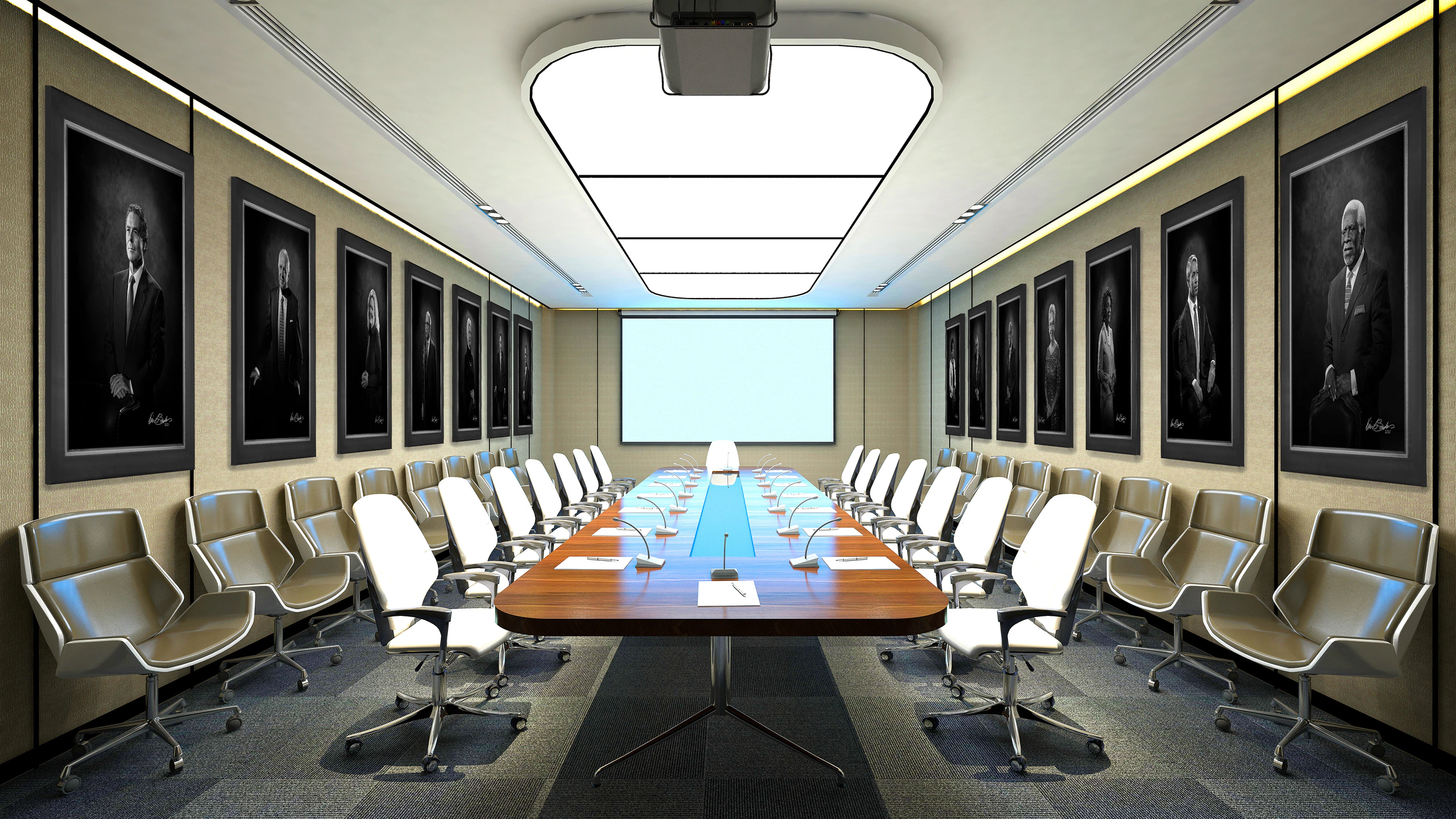 A series of KGS Studios corporate leadership portraits lining the walls of a modern, executive boardroom.