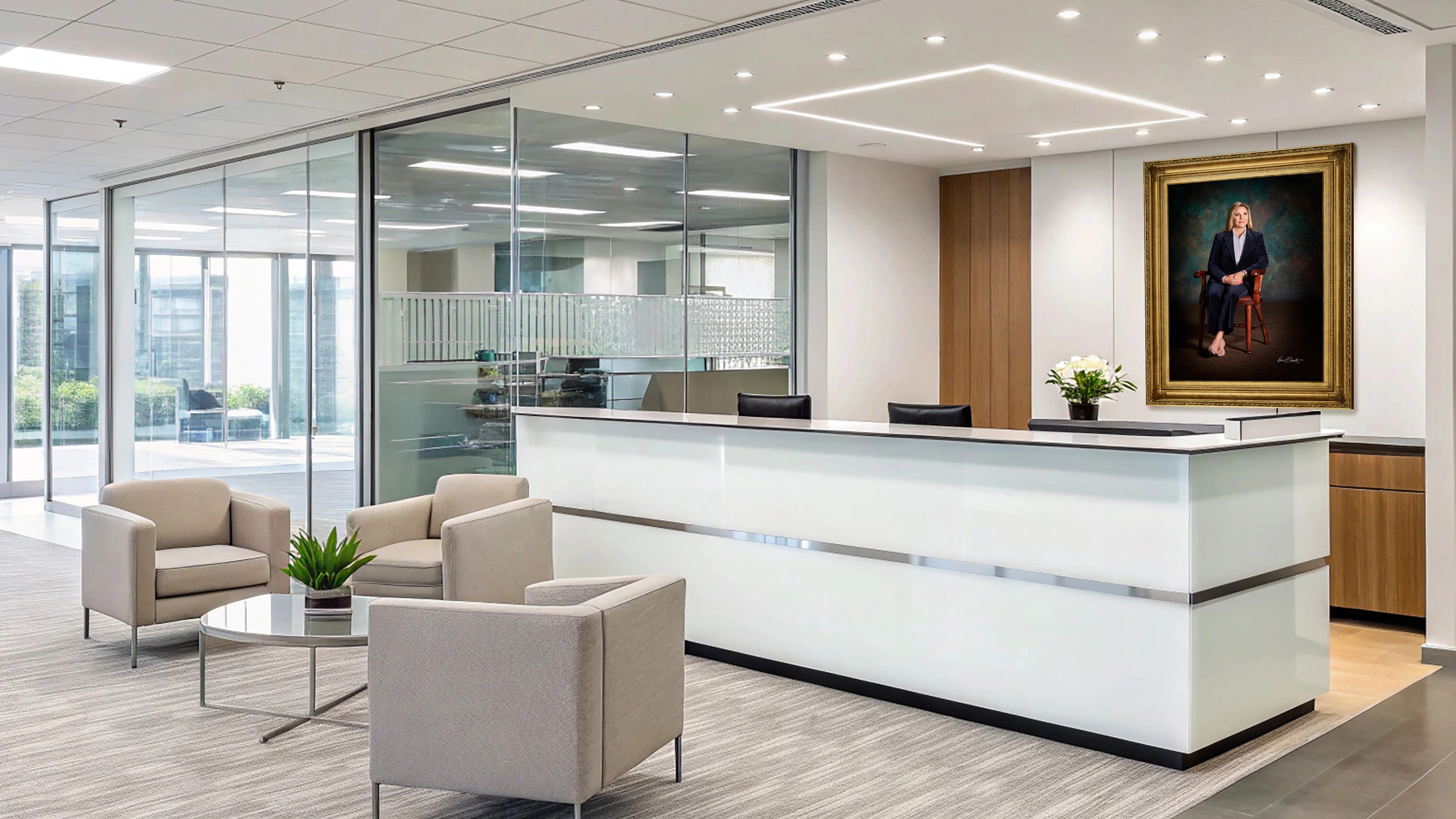 KGS Studios corporate portrait of a female executive, displayed as fine art behind the reception desk in a modern corporate lobby.