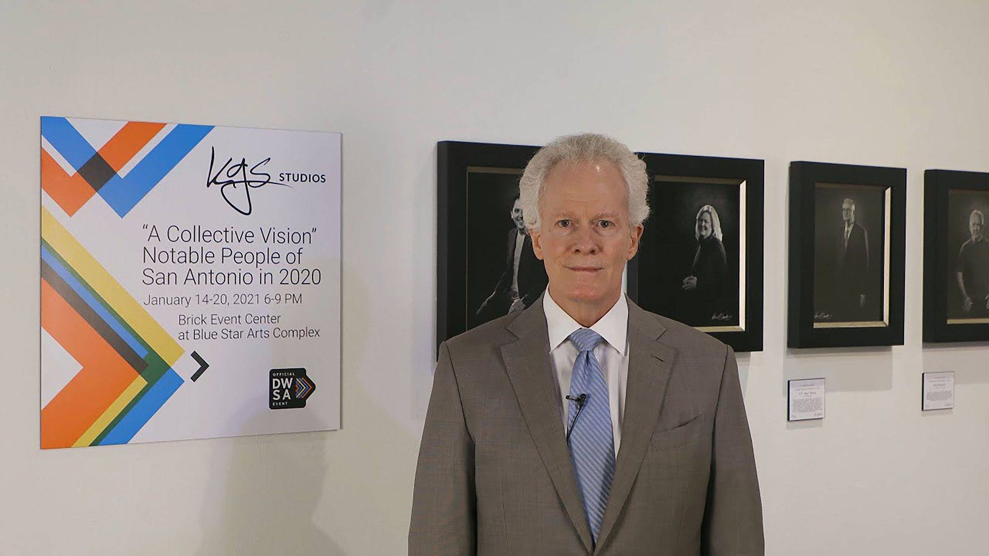 Artist Kevin G. Saunders with his "A Collective Vision" exhibit of the Notable People of San Antonio Collection.