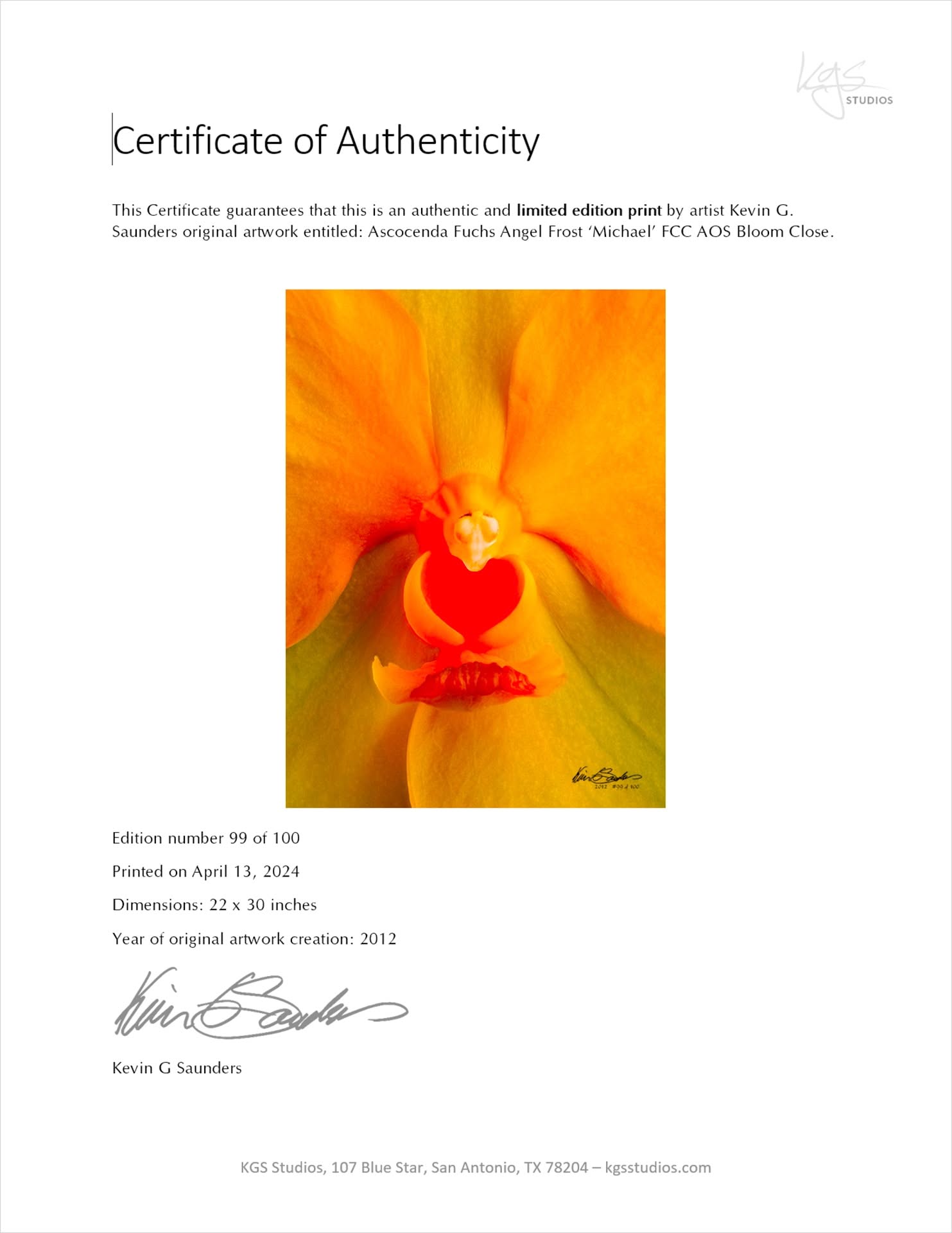 The Orchid Collection Certificate of Authenticity for any KGS Studios Limited or Unlimited Edition Prints