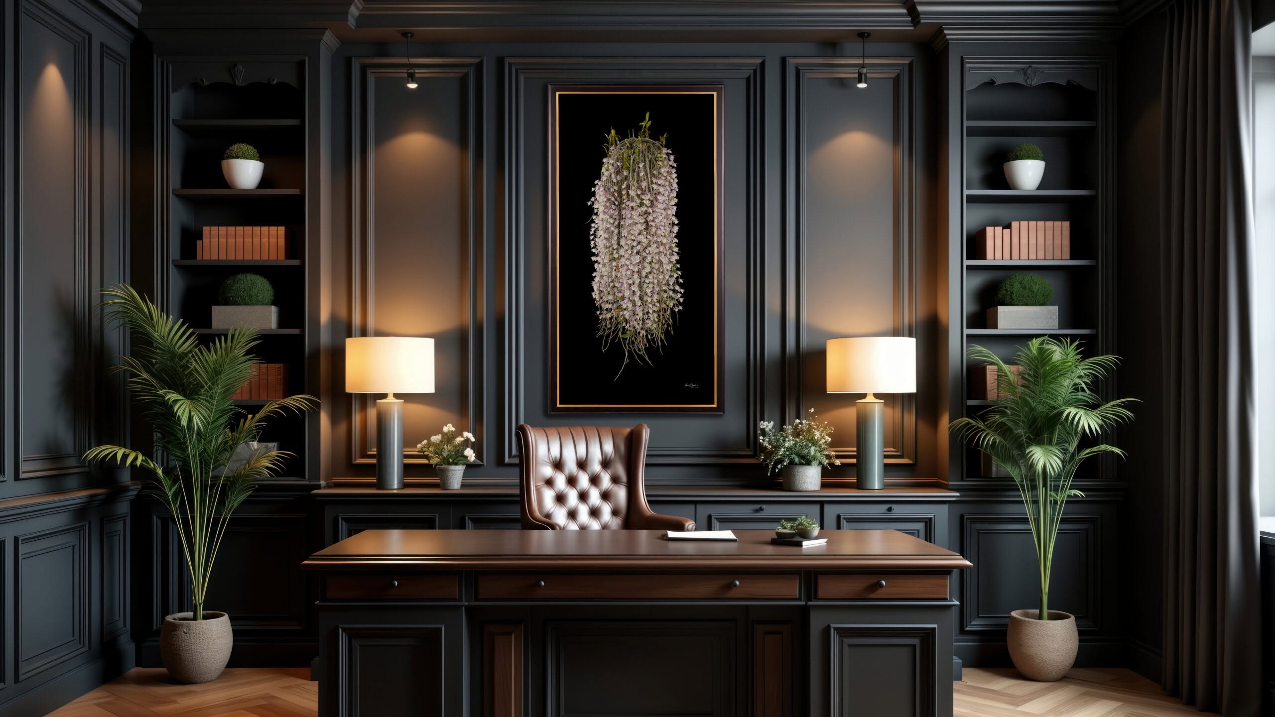 A large framed Dendrobium Aphyllum orchid print hung in a traditional home office with a dark blue wall.